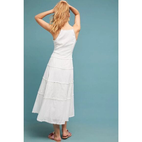 Anthropologie White Embroidered Tiered Midi Dress Halter Neck US 14 - Picture 2 of 15